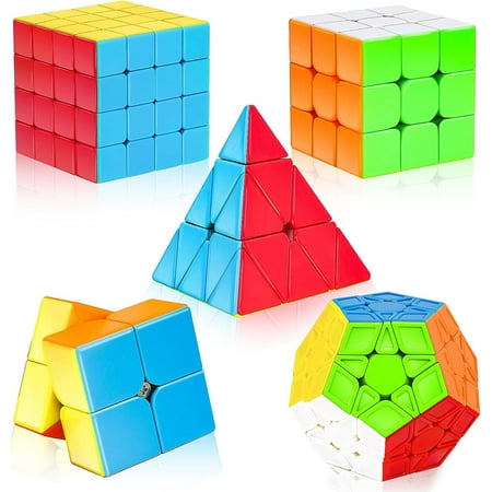 Magic Cube Set - 7 Pack with 3x3, 2x2, 4x4, Pyramid Megaminx, Stickerless Speed Cubes for Kids & Adults