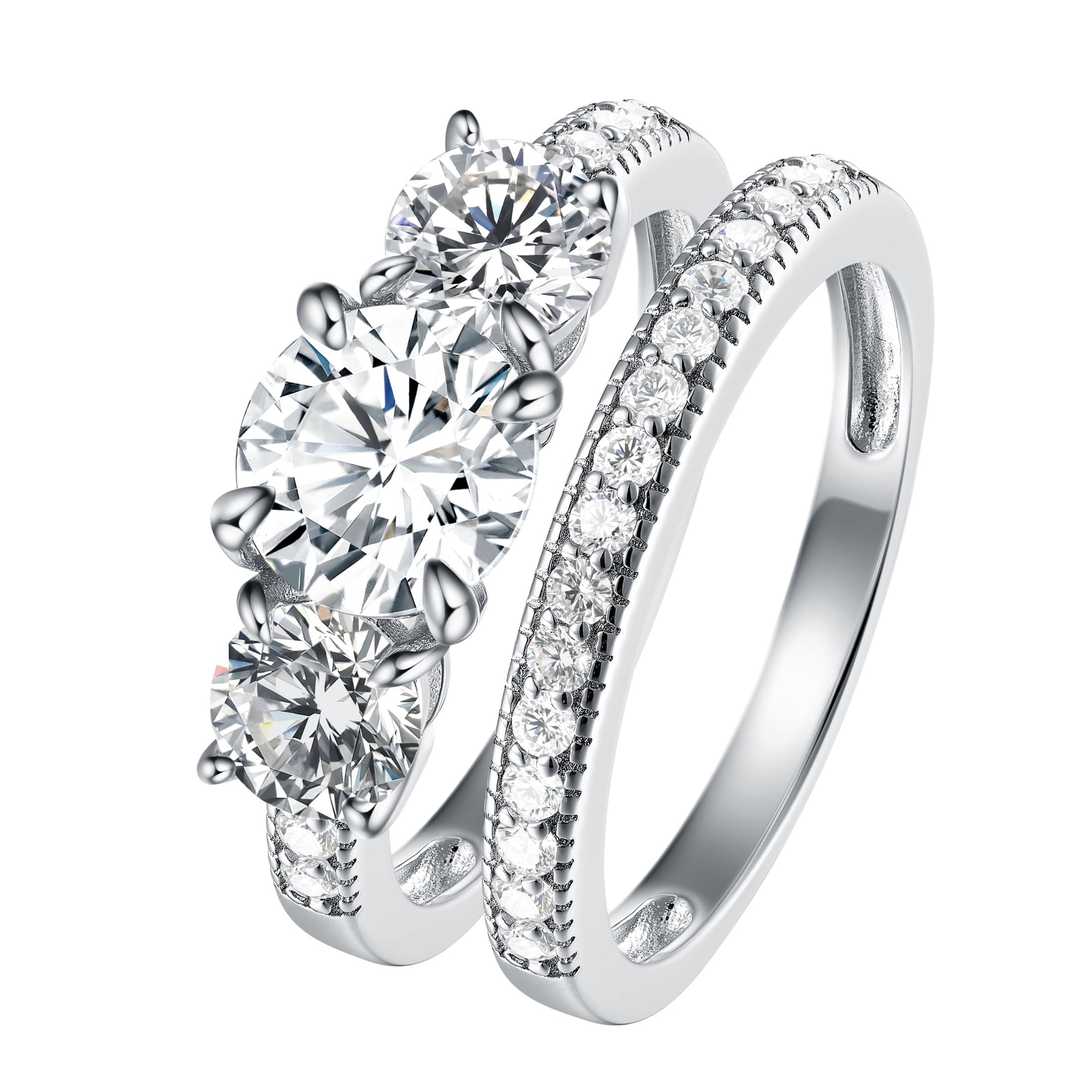 Hidden Gems Jewelry 925 Sterling Silver Three Stone Round Cubic Zirconia Wedding Ring Set 2.99 Cttw