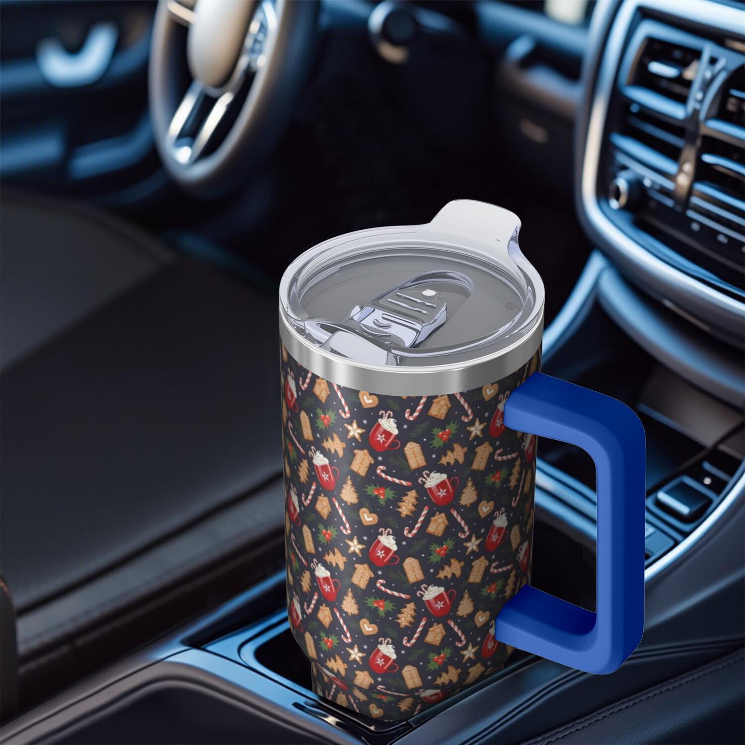 Dark Christmas Drink and Cookie Pattern Tumbler with Handle and Lid,40oz Double Wall Vacuum Insulated Tumbler,Cups Gift for Women and Men