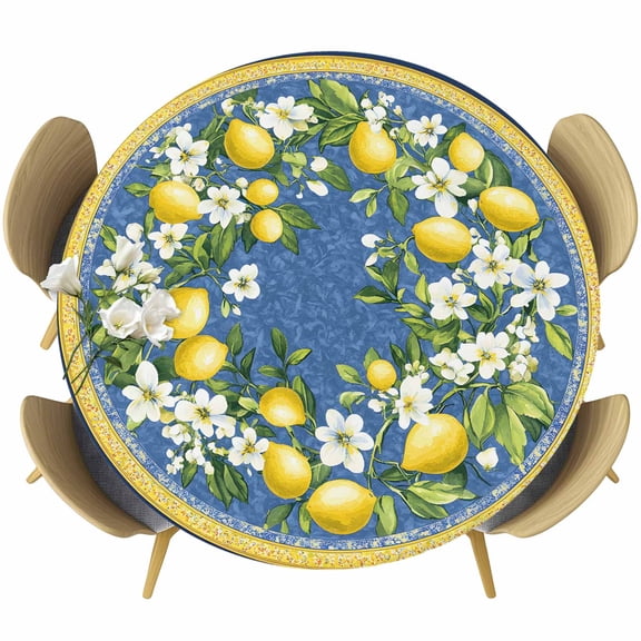 Summer Lemon Round Tablecloth 55-60 Inch Round Fitted Table Cloth with Elastic Edge, Blue Spring Floral Botanical Rustic Waterproof Table Cover Protector for Outdoor Picnic Party Dining