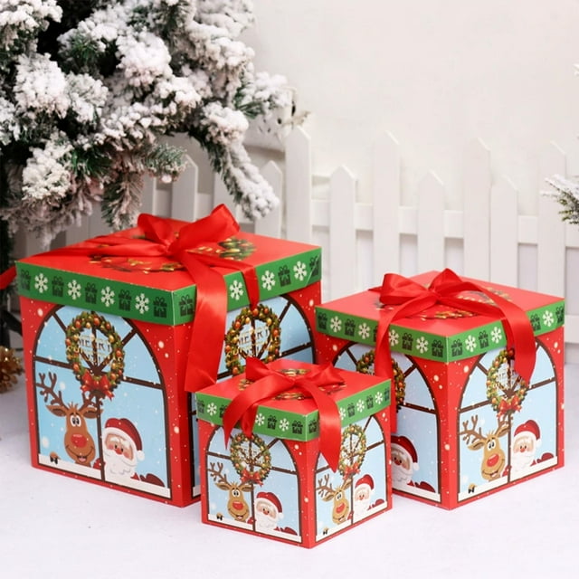 Christmas Decorative Gift Box Set of 3, Stackable Nested Gift Boxes with Reindeer and Santa Patterns, Recyclable Paper for Holiday and Birthday Gift Packaging