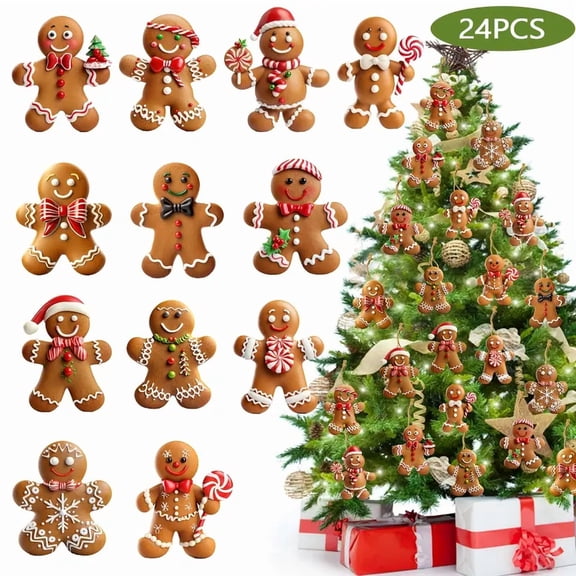 24PCS Gingerbread Man Christmas Tree Ornaments – Cute Holiday Decorations for Christmas Tree, Home & Party Decor