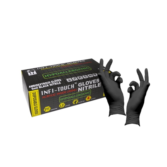 Infi-touch Heavy Duty Hypoallergenic Black Nitrile Gloves, Latex and Powder Free, 100 Count - Size Medium