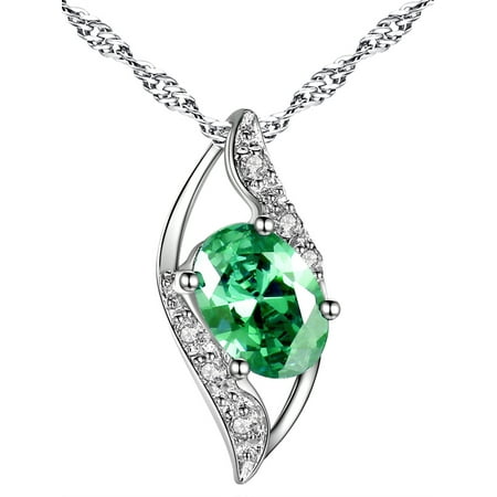 Women Sterling Silver Lab Created Emerald 0.75ct Oval Cut Leaves Shape Pendant Necklace, 18Gifts for Women