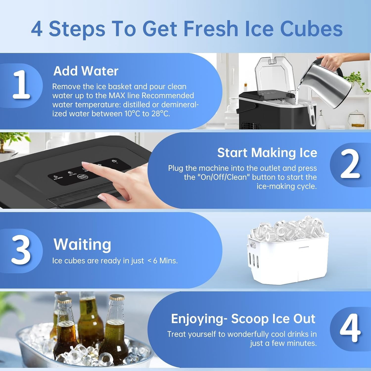 Countertop Ice Maker, 26lbs/24H Portable Ice Machine with Handle,9  Ice Cubes in 6 Mins,Self-Cleaning Compact Icemaker with Selectable Ice Size for  Kitchen/RV/Camping/Party, Black