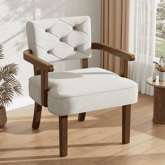 Iinnov Zbom Mid-Century Modern Accent Chair, Upholstered Armchair with Tufted Backrest and Cushion, Beige