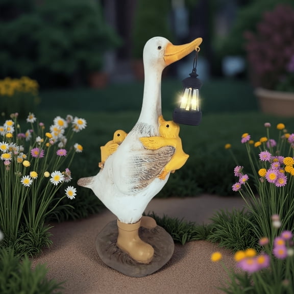 Big Porch Goose Statue Holding Solar Lantern, Resin Garden Goose Decor with Two Little Yellow Goslings for Outdoor Front Door, Patio, Yard, Lawn