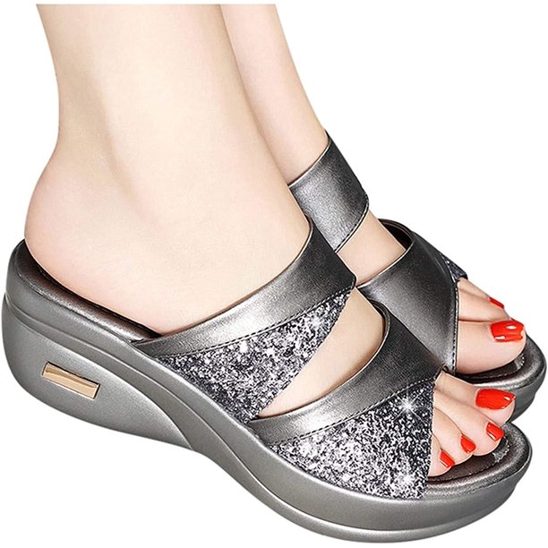 Xishao Sandalias con Plataforma de Cuña para Mujer, Sandalias con Punta Abierta de Cristal, Zapatillas, Zapatos de Tacón de Cuña,Silver-36 Xishao ropa