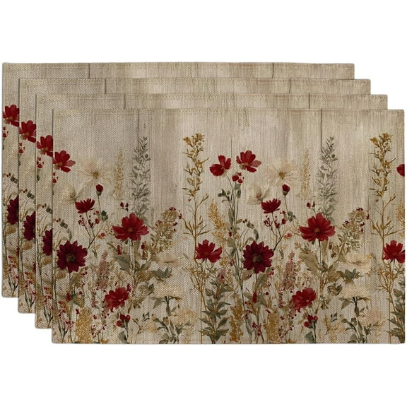 Autumn Floral Design Placemats, Burgundy Rustic Flower Table Mats for Dining, Non-Slip Washable Indoor Outdoor Party Decorative Placemat Set of 4