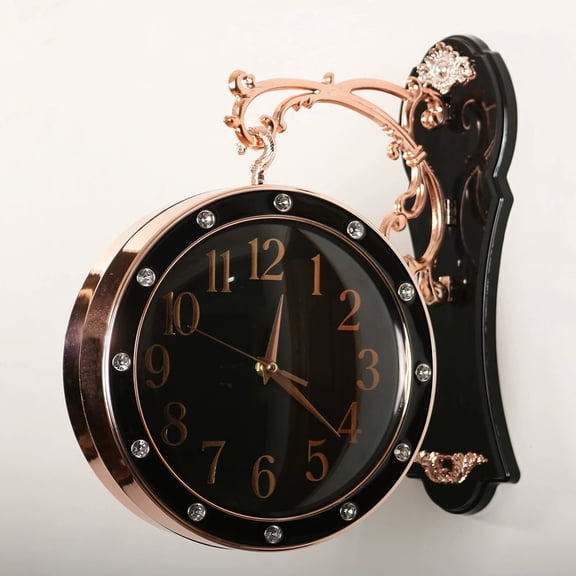 Double Sided Wall Clock Decorative European Silent Round Wall Mounted Hanging Clocks for Indoor Outdoor Office Living Room Kitchen Porch Home Decor Black