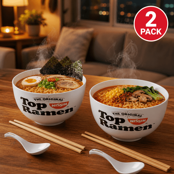 2 Pack Professional Noodle Dining Kit - Durable Plastic Bowl, Chopsticks & Spoon 3-Piece Set for Ramen, Udon & Noodle Soup Lovers, Reusable Asian Tableware Bundle
