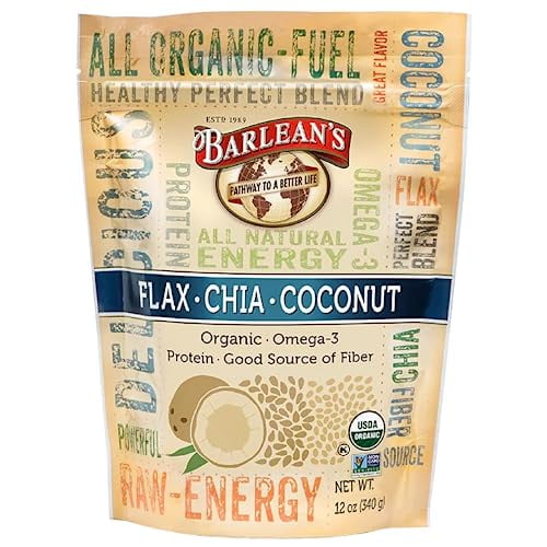 Mezcla de semillas de coco, chía y lino orgánico de Barlean's con 2330 mg de ácidos grasos Omega 3, suplemento de fibra con semillas de chía enteras y linaza molida, 12 oz