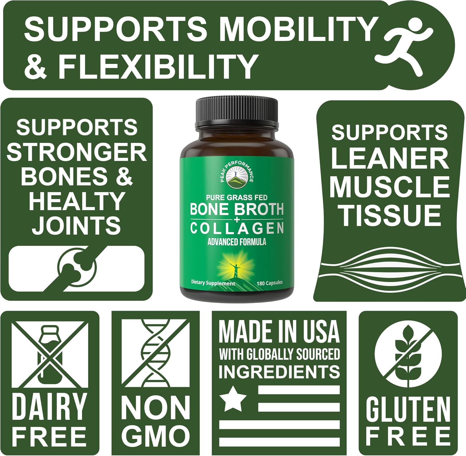 Bone Broth Collagen Capsules. 180 Pills of Grass Fed Bone Broth Collagen Protein Peptides. Contains All 3 Types 1, 2, and 3. Pure Pasture Raised Paleo Friendly Tablets for Women and Men