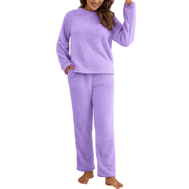 Innerwin Ensemble de Pyjama en Polaire pour Femmes, Couleur Unie, Col Rond, Chaud, Sherpa, Violet S