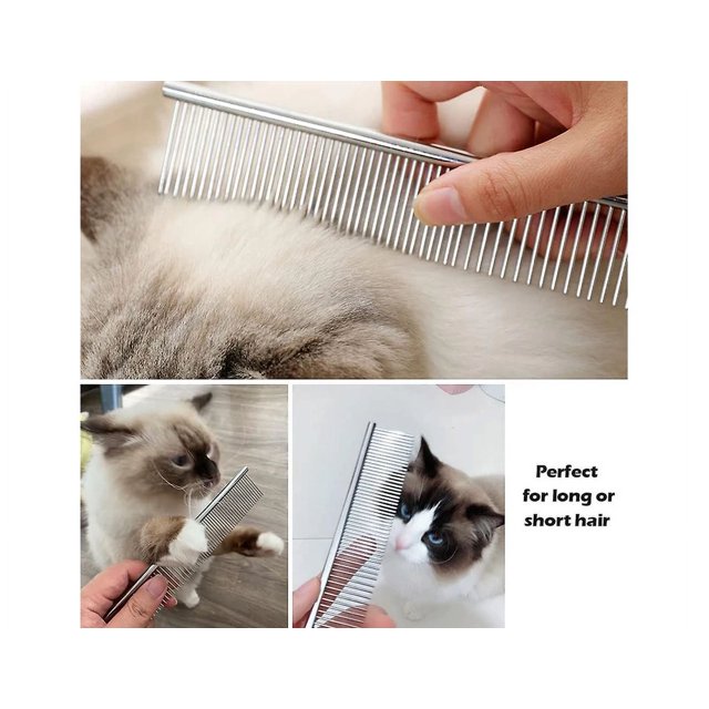 Peines para perros, paquete de 2 peines de metal con dientes redondos para perros y gatos de pelo largo y corto