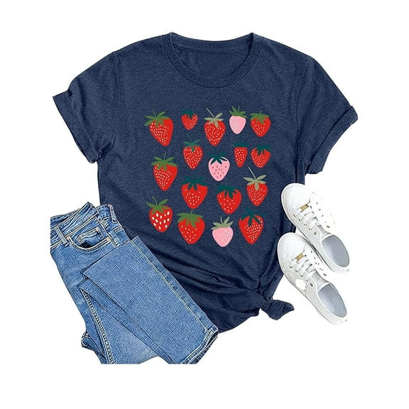 Jamsmile Womens Tshirts Ladies Comfortable Casual Round Neck Strawberry Print Tshirts Summer Athletic Tee O-Neck Loose Tops