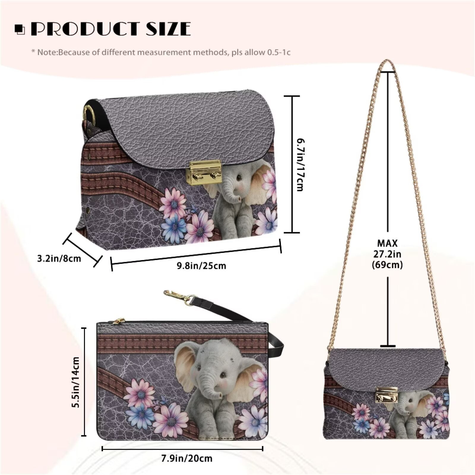 KUIFORTI Elephant Crossbody Leather Bag Women Functional Small Shoulder Bag Ladies Handbag Casual Portability Purse Shoulder Bags with Chain Strap for Day & Night