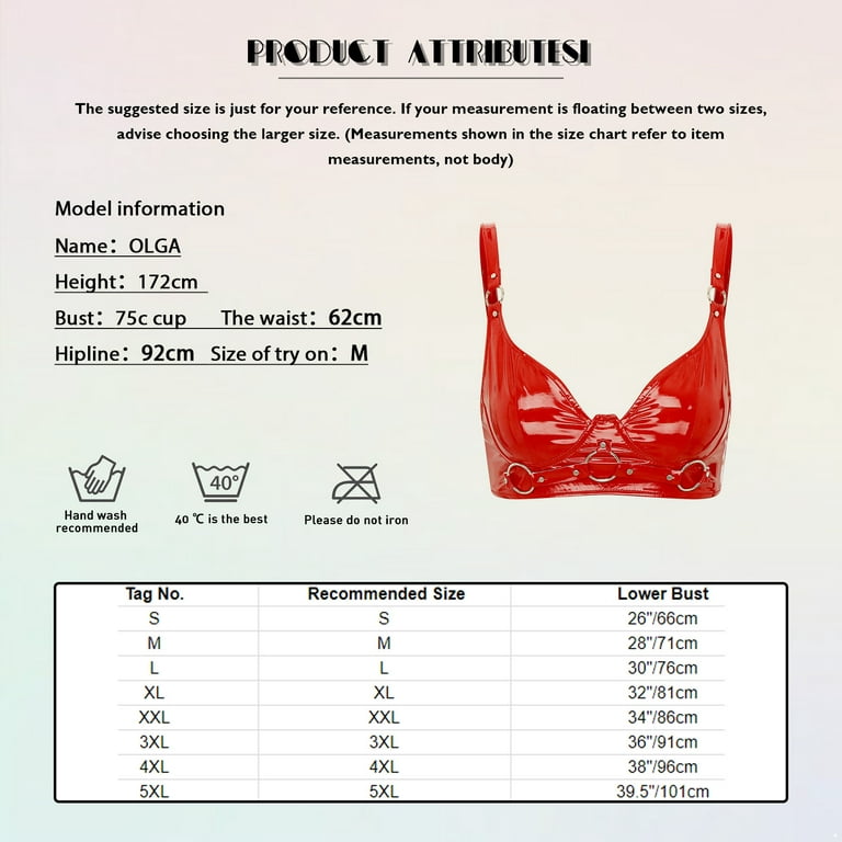 Yeahdor Womens Patent Leather Plunge Bra 3/4 Cup Unlined Balconette Push Up  Bra Tops Rave Clubwear Red L