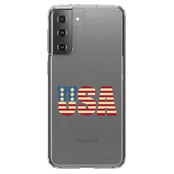 DistinctInk Clear Shockproof Hybrid Case for Galaxy S21  PLUS 5G (6.7" Screen) - TPU Bumper Acrylic Back Tempered Glass Screen Protector - USA Letter Art Flag Red White & Blue
