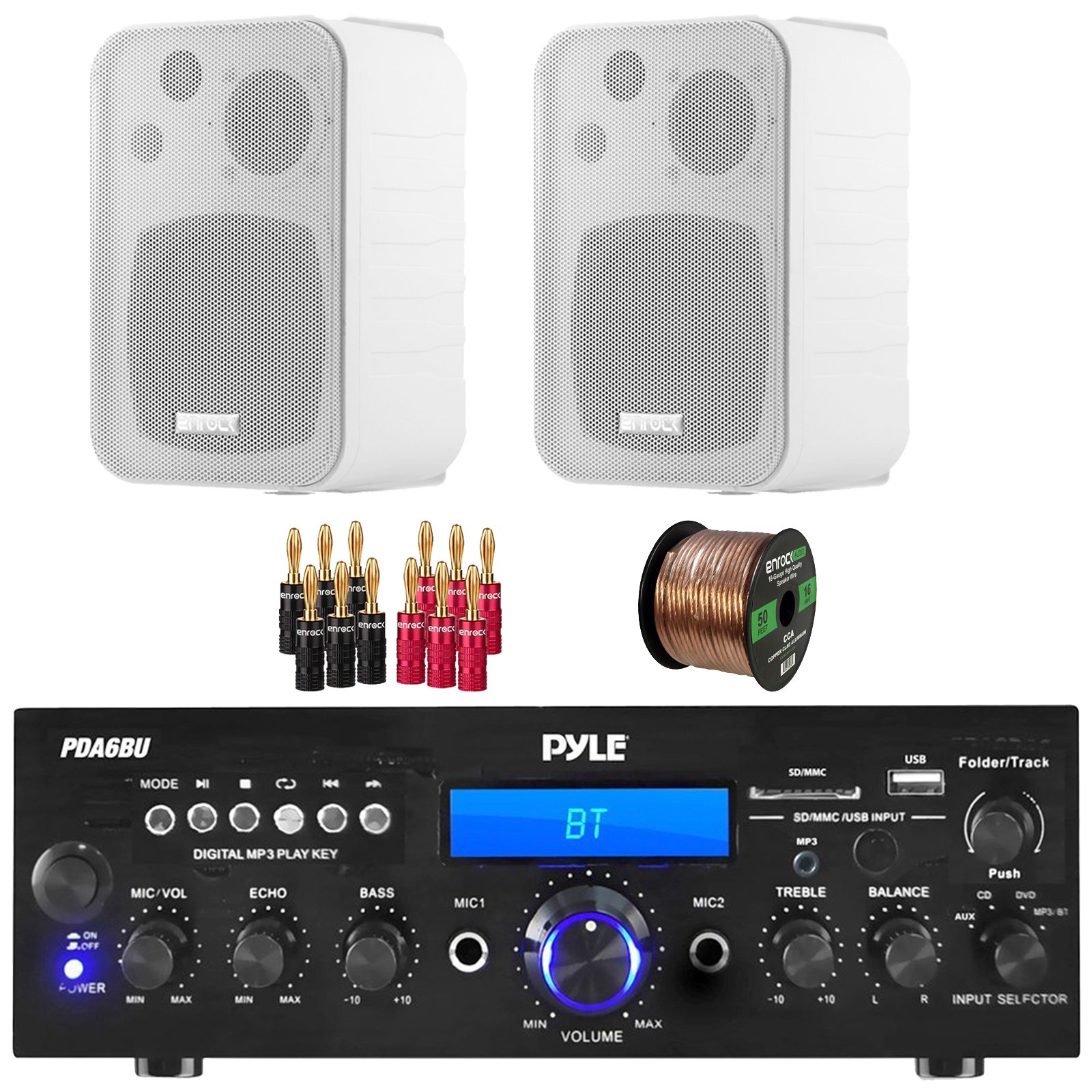 Pyle PDA6BU 200-Watt Bluetooth USB/AUX Home Audio Stereo Receiver, 2x Enrock EKMR408W 4" 30 Watt Max Power 3-Way Indoor/Outdoor White Box-Speakers, Banana Plugs, 50 Feet 16 Gauge Speaker Wire