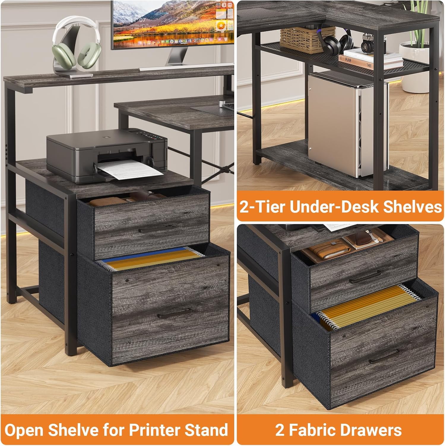 Homieasy L Shaped Desk with Drawer, Reversible L Shaped Gaming Desk with Power Outlet & LED Strip, Home Office Desk with Monitor Shelf, Corner Desk with Storage Shelves,Black Oak