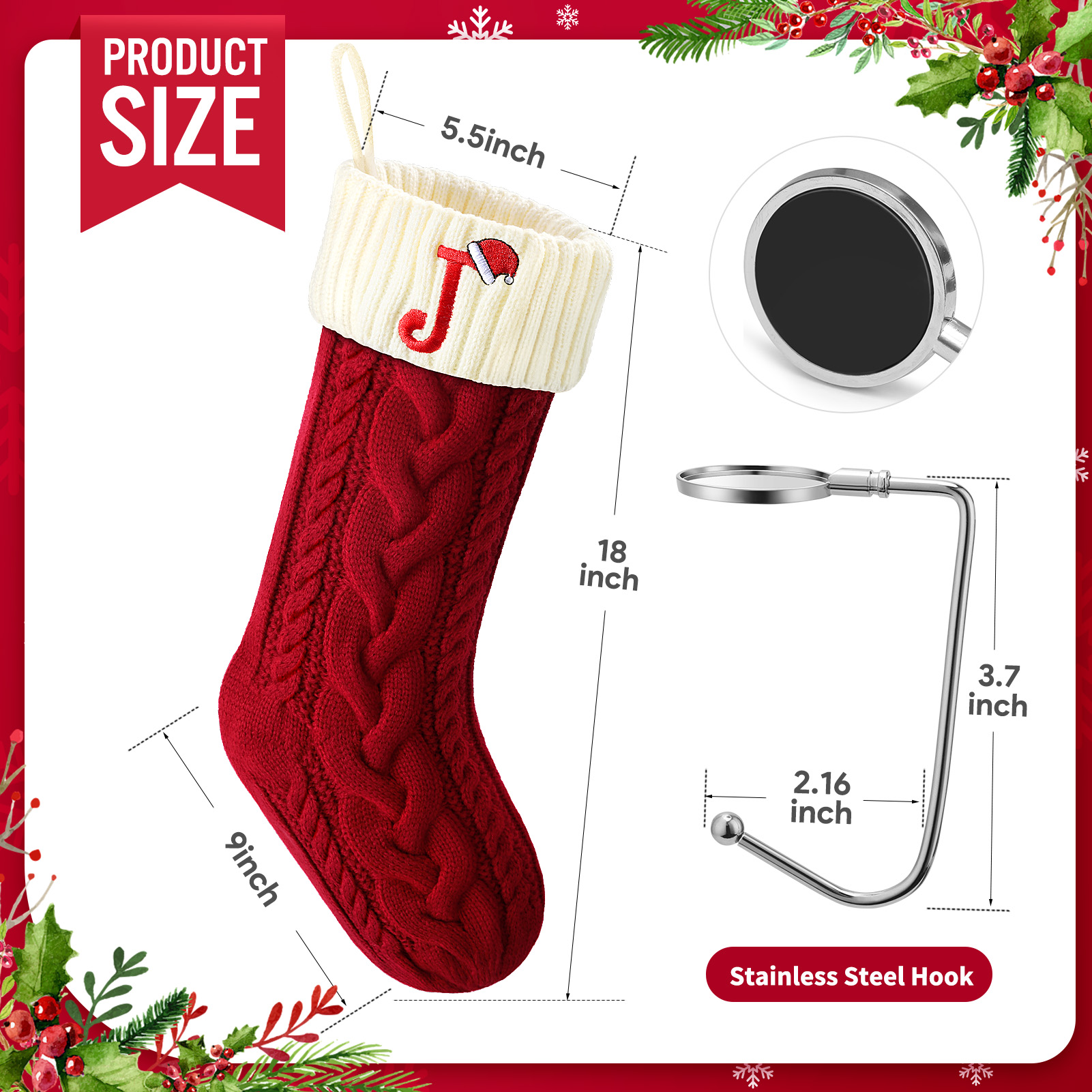 Ayieyill Christmas Stocking with Letter J - Red photo 2