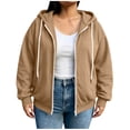 thumbnail image 3 of Axdhxbd Full Zip Hoodie for Women Plus Size Winter Long Sleeve Drawstring Hoodies Sweatshirts Loose Casual Solid Color Sweatshirt Jacket with Pockets Khaki L-5XL, 3 of 9