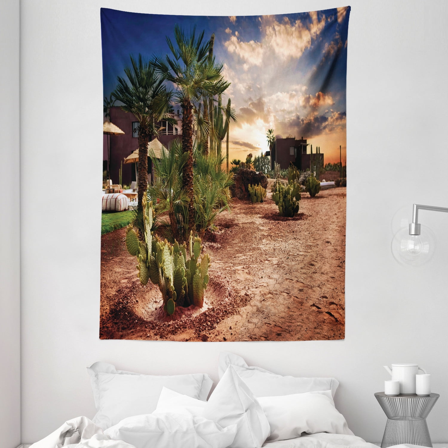 Desert Tapestry, Majestic Sky View Palm Trees and Cactus in Oasis