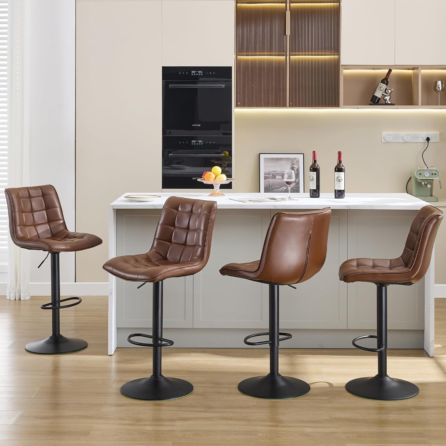 FIRAVOE Bar Stools with Back Set of 4, Adjustable Counter Height Bar Stools, Swivel Barstools Faux Leather Bar Chairs for Kitchen Island, Brown