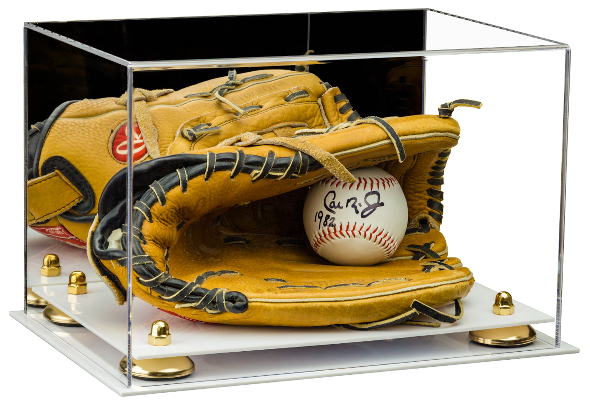 Baseball Glove Display Case with Black Risers A004-BR Mirror and Turf Base 