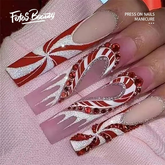Fofosbeauty 24pcs Press on False Nails Tips, Coffin Fake Acrylic Nails, Heart White Red
