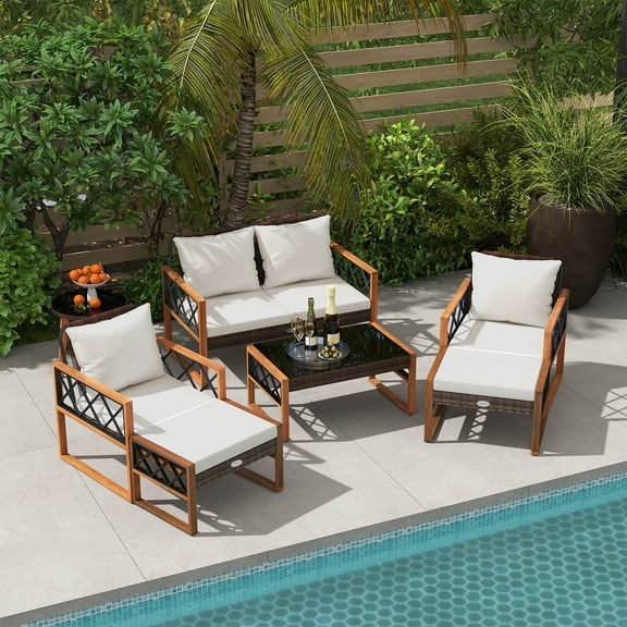 Costway 7 PCS Patio PE Wicker Furniture Set with Ottomans Cushions and Tables Chair Couch