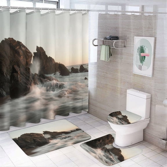 Portugal Waves 4 Piece Bathroom Shower Curtain Sets with Non-Slip Rugs Toilet Lid Cover And Bath Mat Nature Landscape Waterproof Durable Bathroom Decor Shower for Bathroom Decor Set