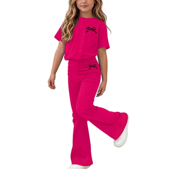 Zpanxa Girl Outfits Sets Girls Bow Graphic Tee and Flare Pants Set 2 Piece Casual Summer Outfit