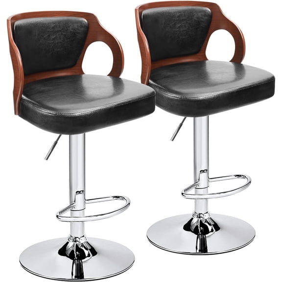 HarmonyStrings Bar Stools Walnut Bentwood Adjustable Height Leather Modern Barstools with Back Vinyl Seat Extremely Comfy Bar Stools 2 Piece (Black)