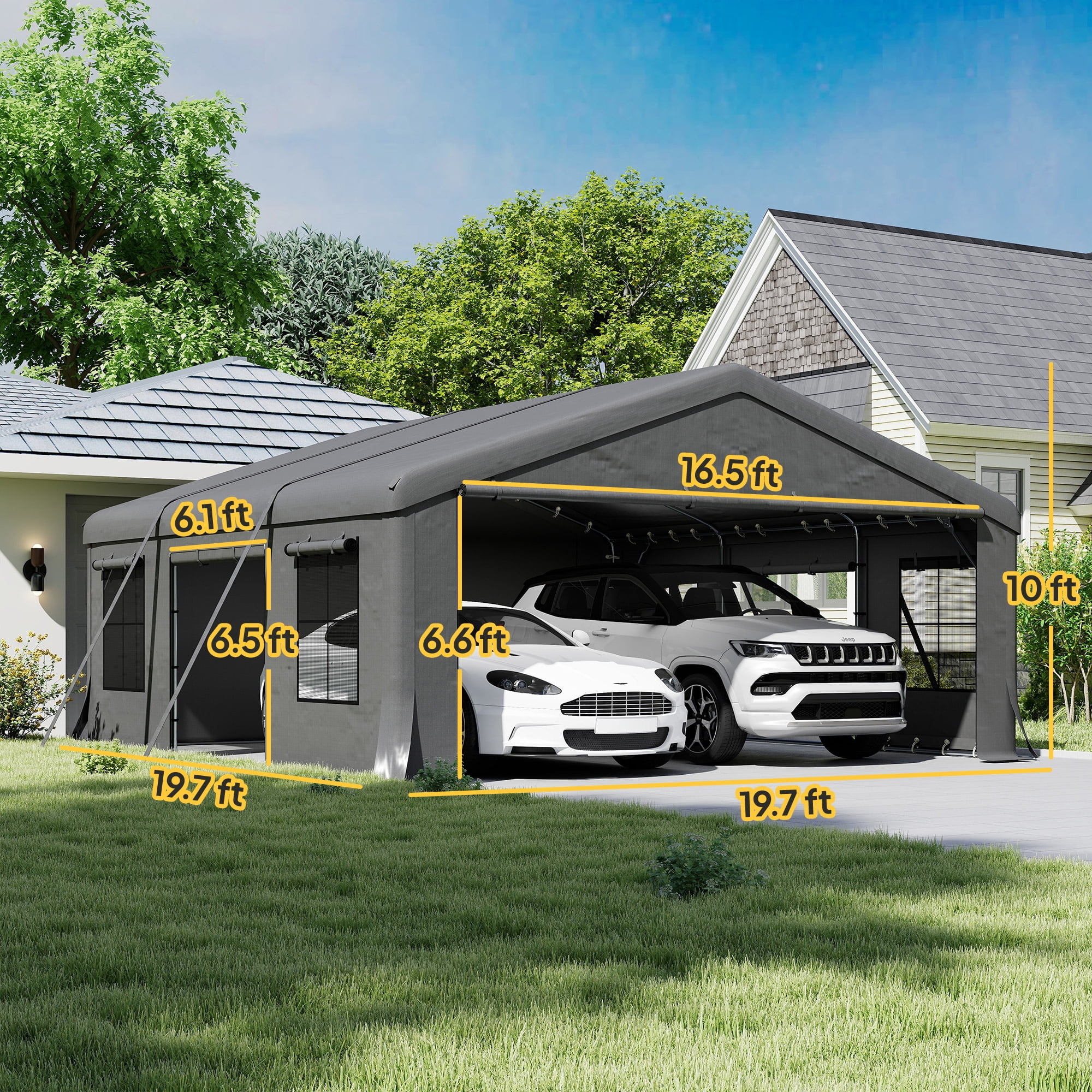 Outsunny 20' x 20' Heavy Duty Carport, Portable Garage Car Canopy Tent with Reinforced Galvanized Frame, 3 Roll-up Doors, 4 Mesh Windows, Dark Gray