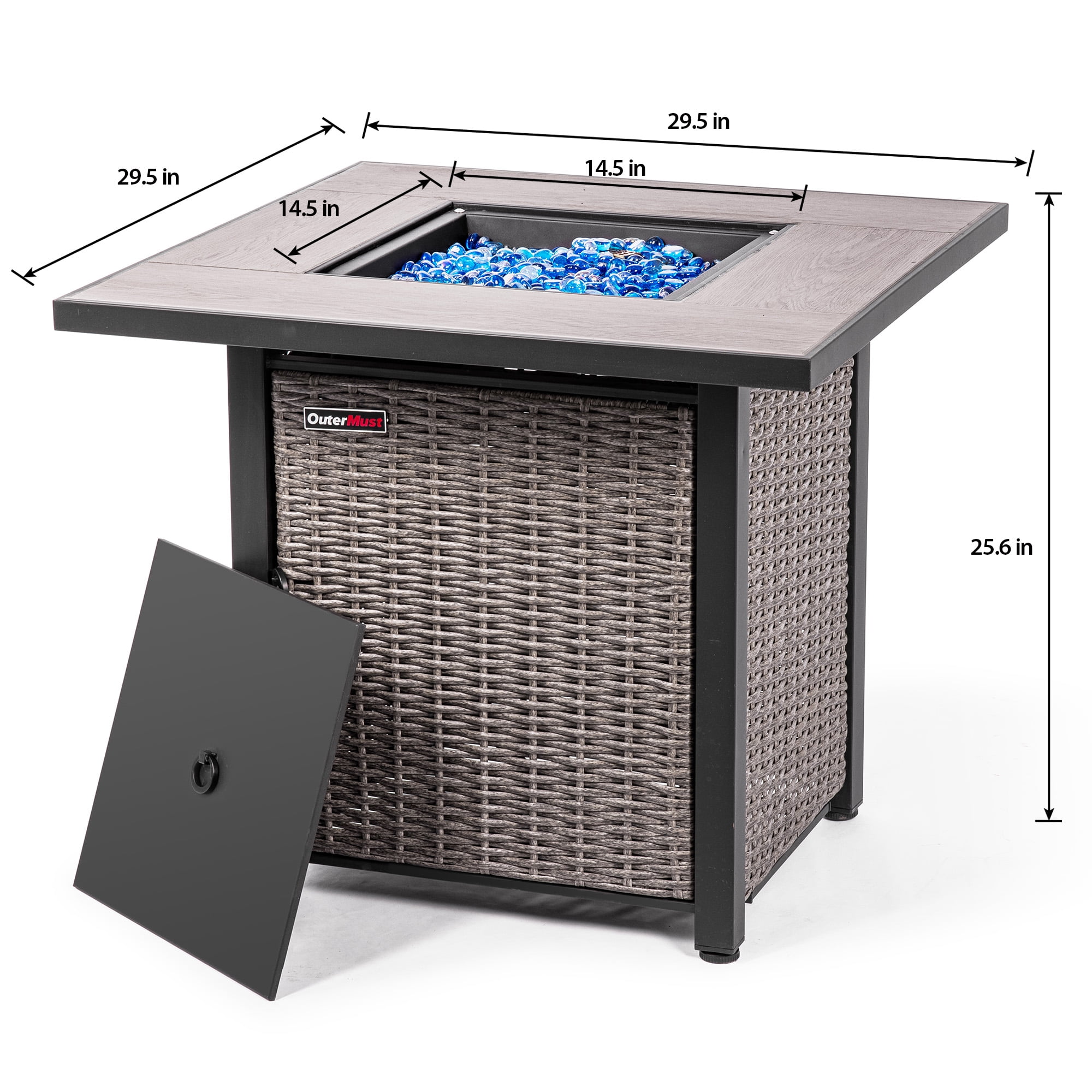 OuterMust 30"Propane Fire Pit Table, 50,000 BTU Electronic-Ignition Rattan Patio Gas Fire Pit with Lid & Blue Glass Bead, Outdoor Fireplace for Dining or Party