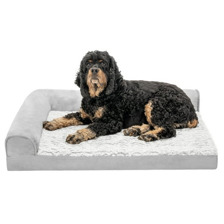 FurHaven Embossed Faux Fur & Suede Orthopedic Deluxe L-Chaise Pet Bed for Dogs & Cats - Gray Medium