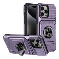 ELEHOLD for iPhone 11 Rugged Hard Case with Metal Ring Holder Kickstand Work with Magnetic Car Mount Hidden Card Slot Pocket Shockproof Anti-Drop Armor Protective Cover,Violet