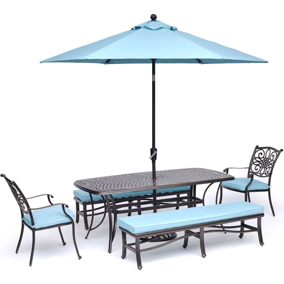 Hanover Traditions 5-Piece Outdoor Dining Set with Cast-Top Table, 2 Stationary Chairs, 2 Benches, 9-Ft. Table Umbrella and Stand