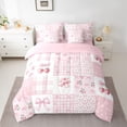 thumbnail image 2 of Homewish Cartoon Cherry Ribbon Bedding Comforter Set 7pcs for Teen, Pink Stripes Buffalo King Bedding Sets, Kawaii Cartoon Bowknot Reversible Bed Sheets, Super Cozy Room Decor, 2 of 7