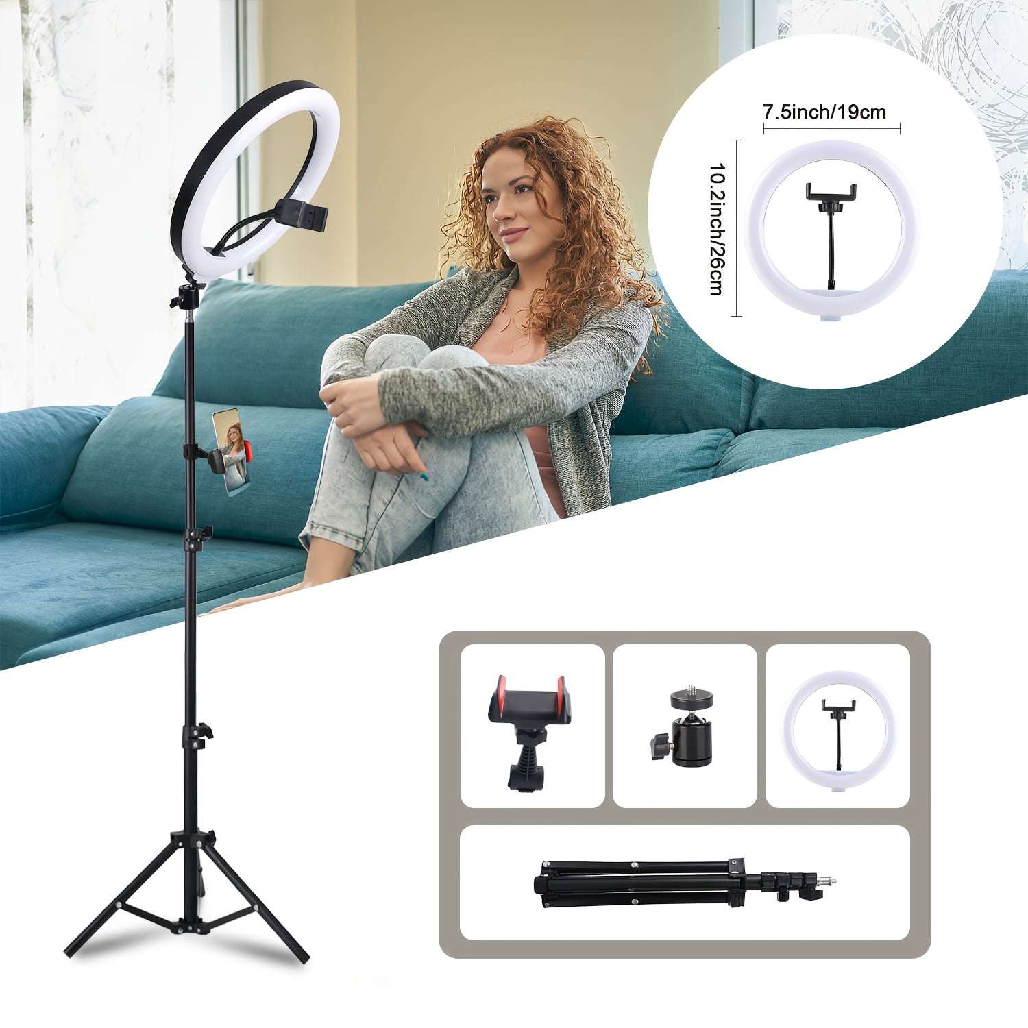 10/12'' Circular Selfie Ring Light, Desk Tripod And Phone Stand, Adjustable Height Ranging from 15 to 43 Inches, Dimmable LED Circular Light for Selfie Photography, Makeup, And Youtube