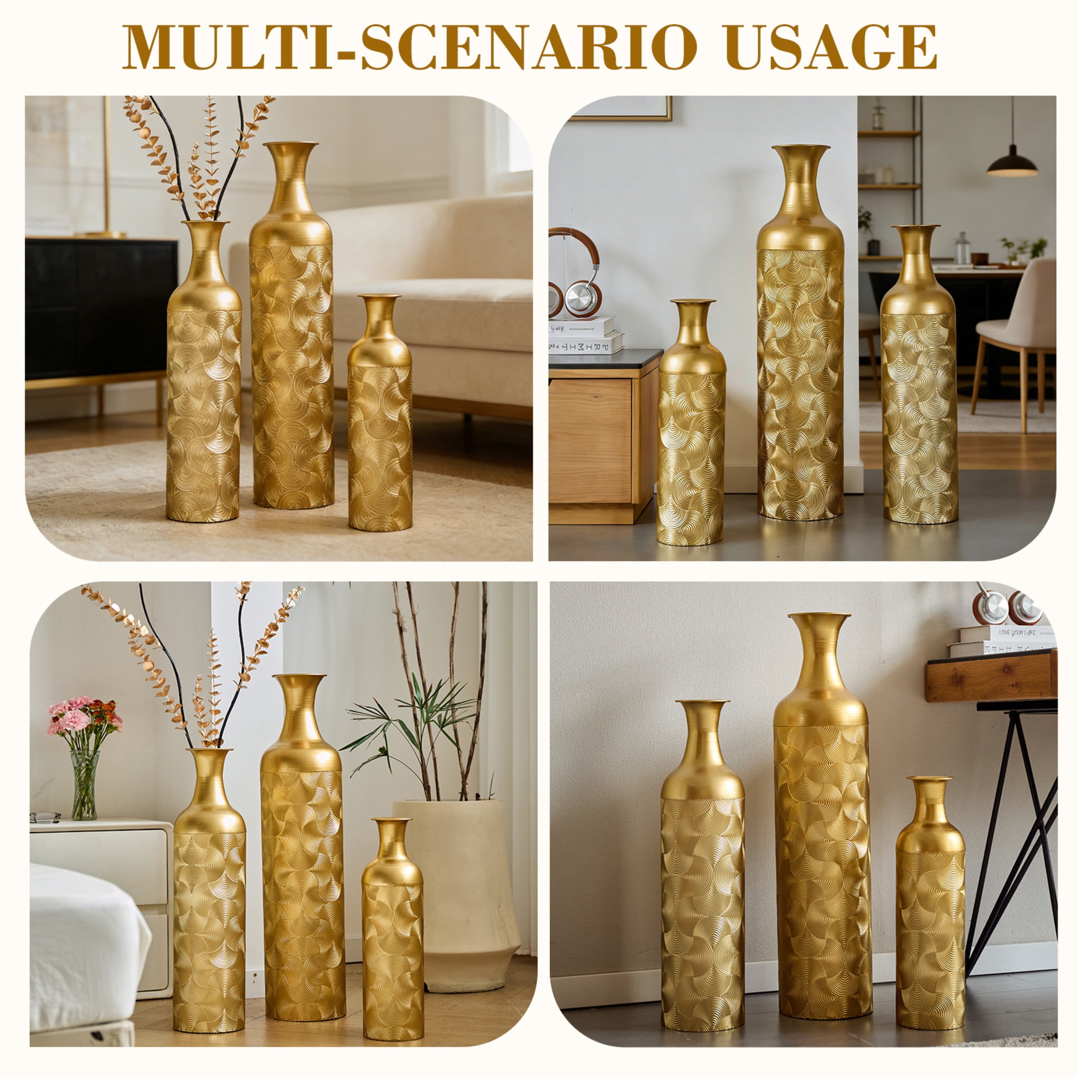 Noble House 3-Piece Metal Floor Vase Set, 32.68", 25.98", 19.69" Decorative Vases with Wave Pattern, Gold