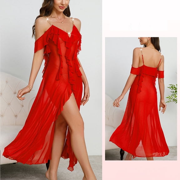 Womens Sleeveless Long Nightgown Wide Strap Chemise Summer Loose Sleepshirt Red L