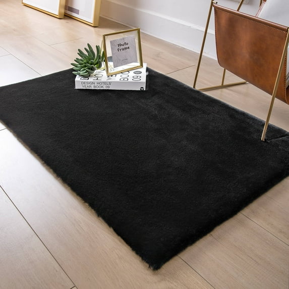 Soft Fluffy Faux Rabbit Fur Area Rugs, Indoor Decor Mat, 2 x 3 Feet, Rectangle Black, 1 Pack
