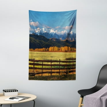 Nature Tapestry, Farm Field with Snow Covered Mountain Nature Valley Forest Panoramic Work of Art, Wall Hanging for Bedroom Living Room Dorm Decor, 40W X 60L Inches, Multicolor, by Ambesonne