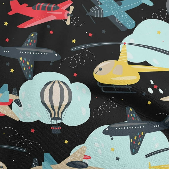 oneOone Cotton Silk Black Fabric Airplane Nursery Kids Fabric For Sewing Printed Craft Fabric By The Yard 42 Inch Wide