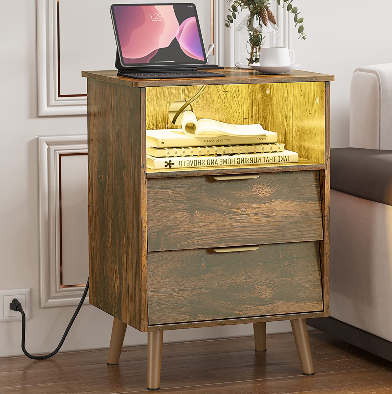 ADORNEVE Nightstand with Charging Station and LED Lights, Modern Bedside Table with 2 Inclined