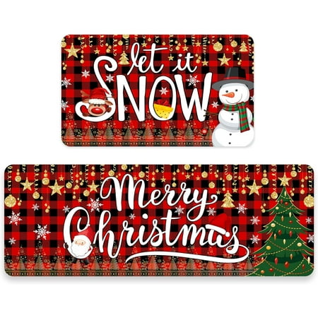 

Christmas Kitchen Rugs Merry Christmas Kitchen Mats for floor Set of 2 Christmas Buffalo Plaid Kitchen Rugs and Mats Non Slip Washable Let it Snow Holiday Decor for Home Laundry 17x29+17x47 In