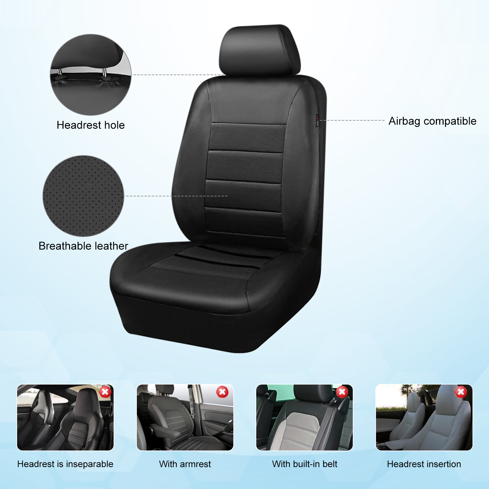 CACAGOO 9 Pcs Car Seat Covers Full Set – Classic Black Faux Leather Front & Rear Bench Protector, Comfortable Fit for Cars, Trucks & SUV